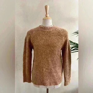 Mango Basics Warm Tan Faux Shearling-Look Sweater XS | Beige Pullover Crew Neck